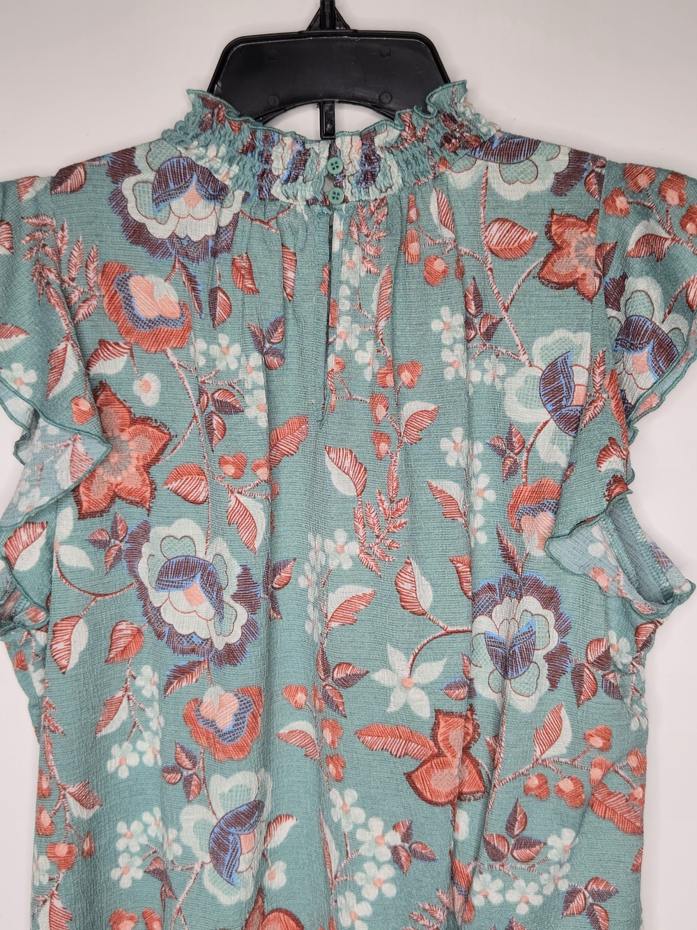 MELLODAY Teal Floral Smocked Ruffle Neck Flutter Sleeve Camisole - M - Picture 5 of 13